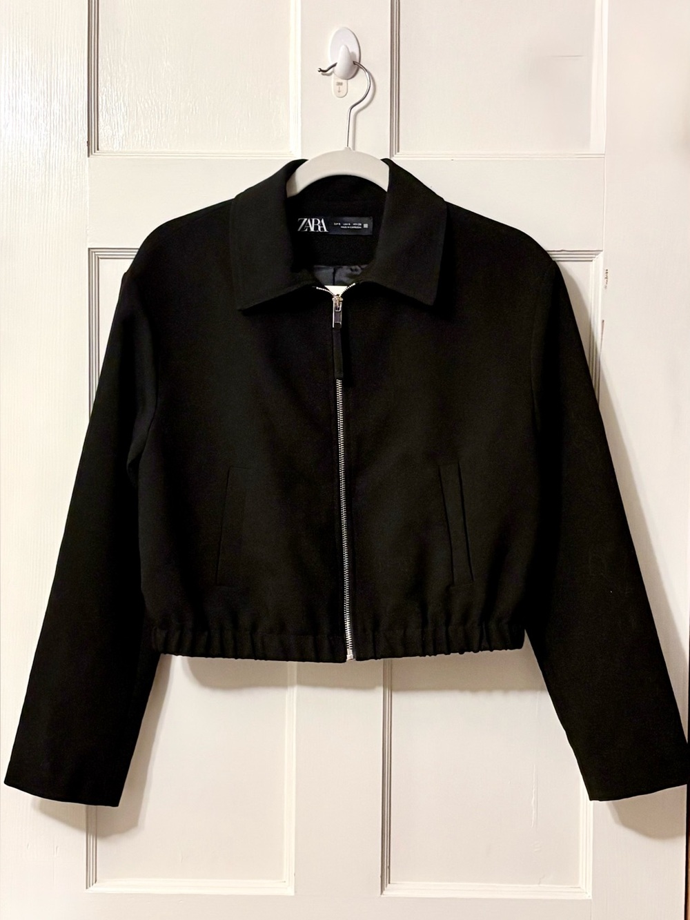 Zara Black Cropped Bomber Jacket with Silver Zip